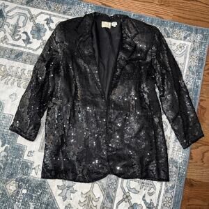Rina Z Vintage Jacket Black Sequin Collared Hook Silk Lined Hip Length Size XL